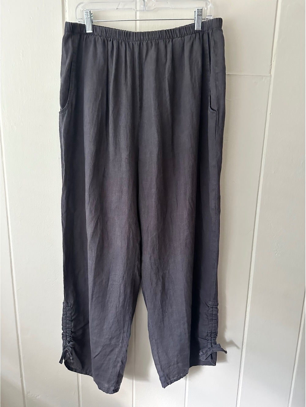 FLAX Linen Zen Pants Blue/Gray Large Ruched Ankle Cinch Tie Wide Leg Lagenlook